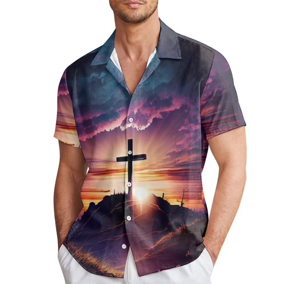 Easter Day for Men Shirt Short Sleeve Button Up Tops Jesus Print Religious Holiday Spring Casual Tees