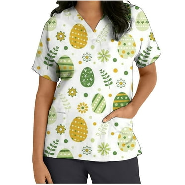 Summer Savings!Easter Deals!YANHAIGONG Women V-neck Tops Women Tops Short Sleeve V-neck Tops Working Uniform Easter Print with Pocket Blouse Summer Tops for Women 2024