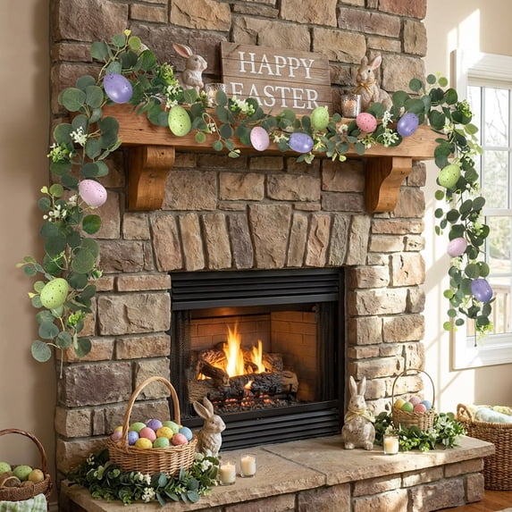 Easter Decor 5.9Ft Artificial Easter Garland with Pastel Eggs, Eucalyptus Leaves & White Blooms, Flexible Spring Vine for Mantle Arch Table Tree Indoor Outdoor Decoration