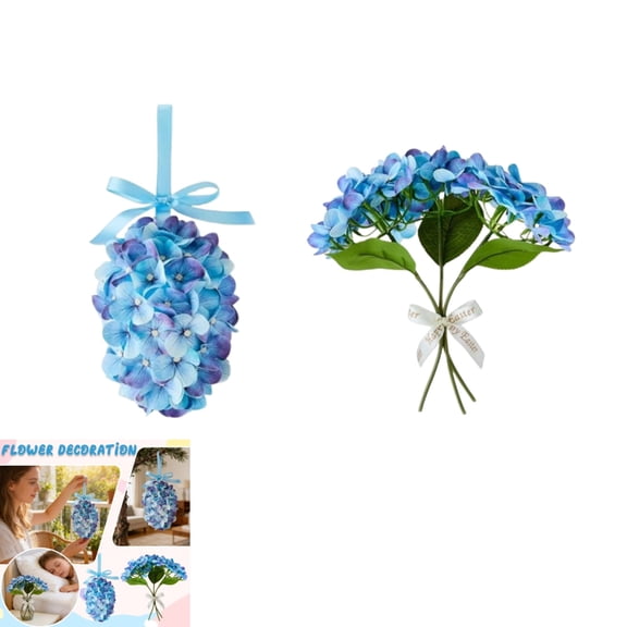 Easter Decor Blue Hydrangea 2-Piece Set & 27cm Egg-Shaped Wreath Wall Hanging & Artificial Bouquet, Maintenance-Free Faux Plant Spring Easter Decorations for Home Porch & Tabletop