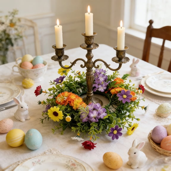 Easter Decor Brass Candle Holder Green Fern Leaves Purple Blue Flowers Colorful Eggs, Easter Decorations for Home Table