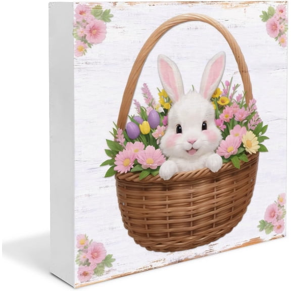 Easter Decor Bunny Wooden Sign Self-Standing Table Wood Ornaments Farmhouse Desk Signs for Spring Home Kitchen Shelf Mantel Table Decor Easter Gift Idea 5x5 In