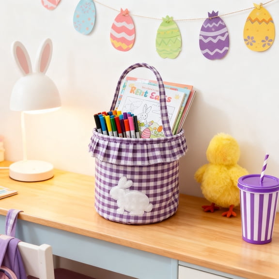 Easter Decor Checkered Fabric Rabbit Tote Bag | Durable Storage Tote for Eggs, Clothes, Snacks | Reinforced Handles, Lightweight, 22x23cm, Blue Pink Purple Green