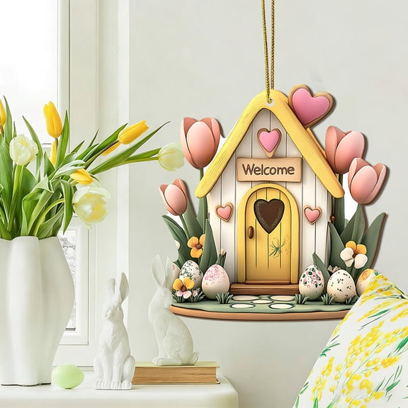 Easter Decor​ Colorful House Pattern Pendant Ornamental Hanging for Eggs and Flowers Welcome Sign Tulip Egg Easter Decorations for Home Tree