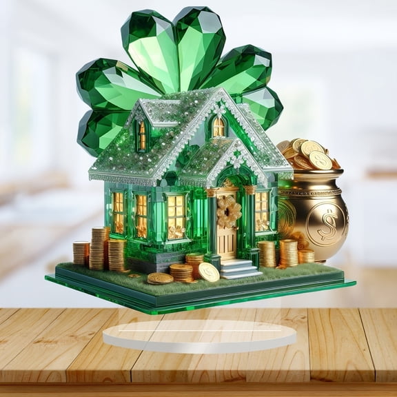 Easter Decor​ Crystal Green House with Gold Treasure Coin Ornament 2D Plane Acrylic Ornaments Four-Leaf Clover Roof, Elegant Home Tabletop