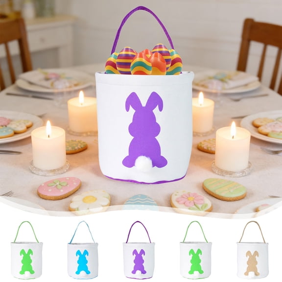 Easter Decor Easter Bunny Basket- Stripe Rabbit Pattern Canvas Cotton Tote Bucket with Fluffy Tail,Perfect for Egg Hunt,Candy & Gift Storage