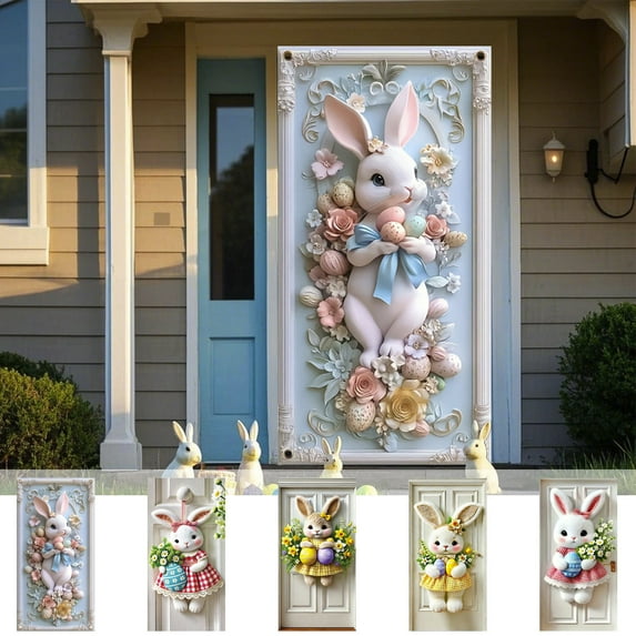 Easter Decor Easter Bunny Eggs Door Cover Banners Spring Flowers Blue Bow Pastel Design For Home Indoor Outdoor Holiday Decoration