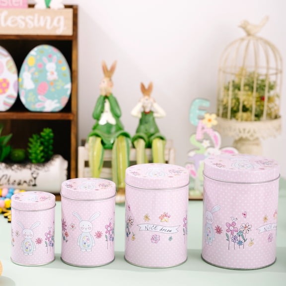 Easter Decor Easter Bunny Spring Decor Storage Box Birthday Gifts Nesting Design Pink Bunny Themed Nesting Tin Canisters Set of 4 with Lids 6 Inch Ideal for Easter Storage or Spring Home Organization