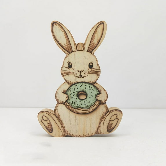 Easter Decor Easter Decorations Easter Bunny Decor Easter Bunny Decorations Sitting Wooden Bunny Figurine with Donut Easter Tabletop Accent 6"