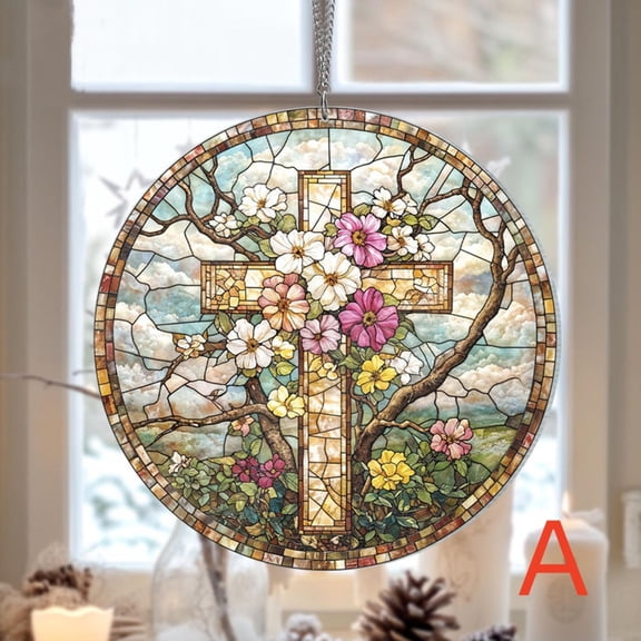Easter Decor,Easter Decorations,Flower Suncatcher Faux Stained Glass Window Hanging Christ Wall Art Religious Bible Verse Gift,Easter Decorations for Spring Home Decor(A)