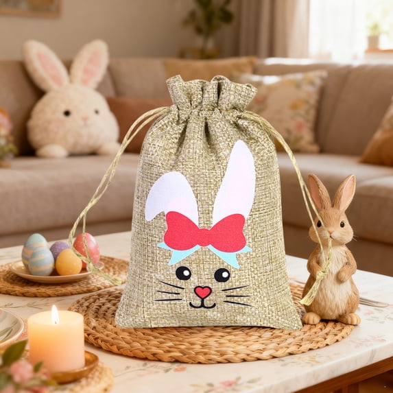 Easter Decor Easter Gift Bag Bunny Eggs Elements Children's Easter Linen Drawstring Candy Bag Party Favors and Treats Storage Home Decor Collection