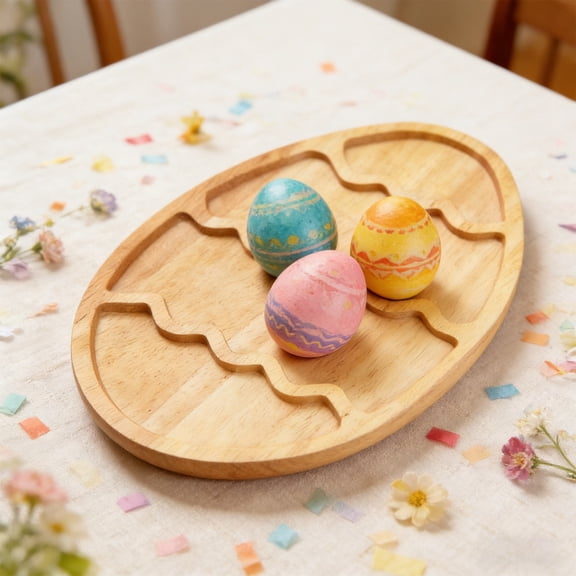 Easter Decor,Easter Wooden Serving Tray Egg Shaped Wood Plates Rural Decorative Snack Dessert Platter For Spring Holiday Table Kitchen Home