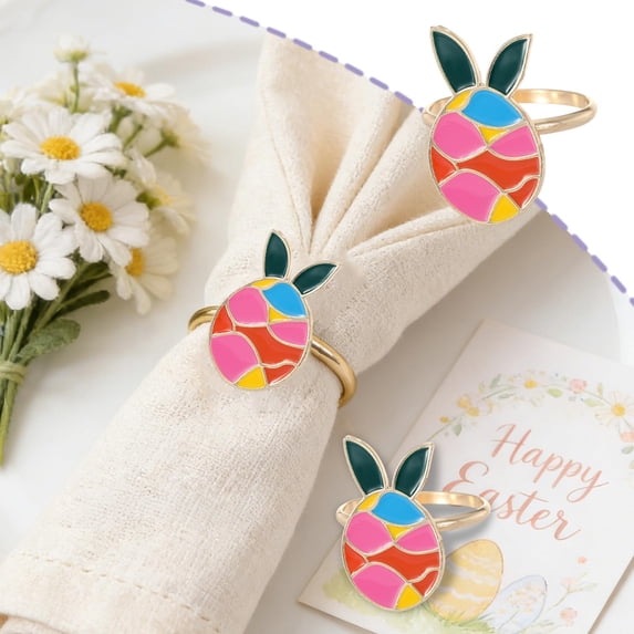 Easter Decor Egg Shaped Napkin Ring Pink Yellow Orange Stripes Pink Rabbit Ears Top Table Setting, Easter Decorations for Home Table