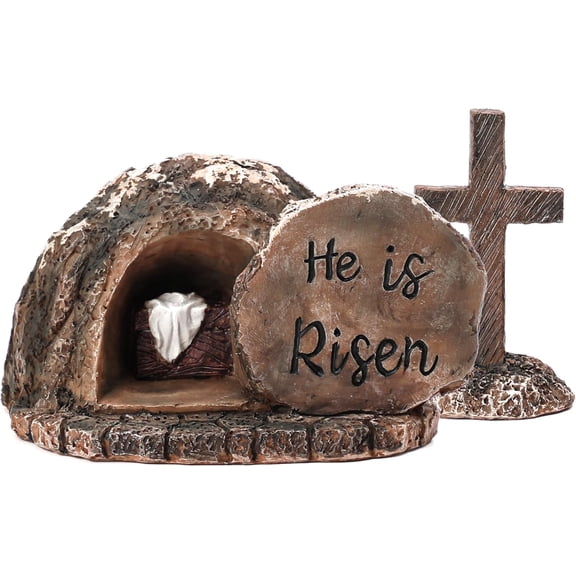 Easter Decor Empty Tomb with Cross - Decorations for Home He is Risen Statue : Nativity Scene Set Religious Jesus Manger Resurrection Resin Table Tabletop Shelf Decor Indoor Gifts for Christians