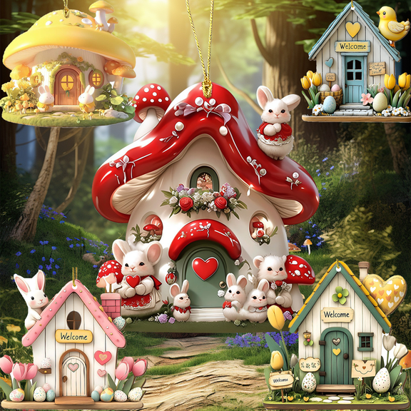 Easter Decor Hanging Mushroom House Yellow/Red/Purple Cottage 2D Plane Acrylic Pendant Cute Door Window Bunny Figurine Green Plants Decor for Tree