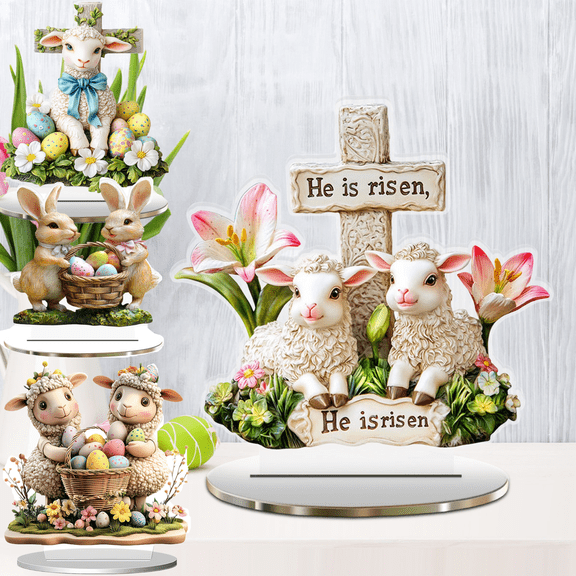 Easter Decor Jesus Statue Resurrection Theme Colorful Egg Bunny Decoration, Religious Holiday Tabletop Display, Home Church Altar Accent