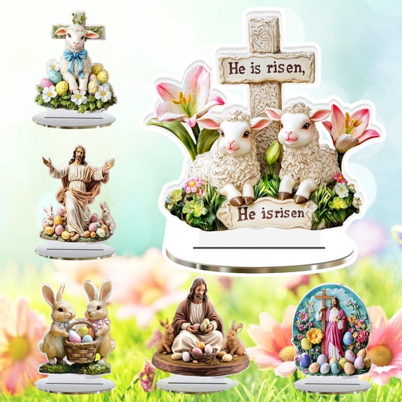 Easter Decor​ Jesus Statue Resurrection Theme Colorful Egg Bunny Decoration, Religious Holiday Tabletop Display, Home Church Altar Accent