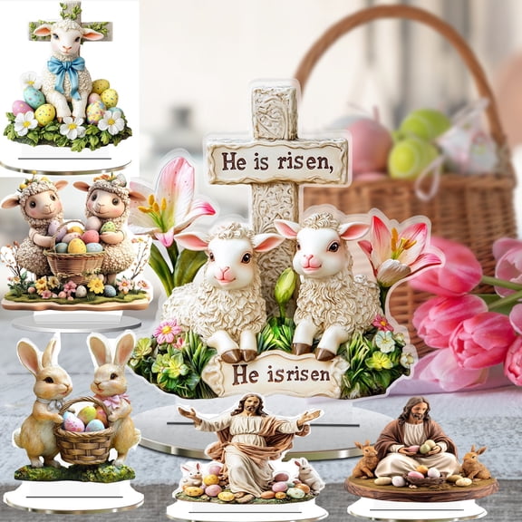 Easter Decor Jesus Statue Resurrection Theme Colorful Egg Bunny Decoration, Religious Holiday Tabletop Display, Home Church Altar Accent