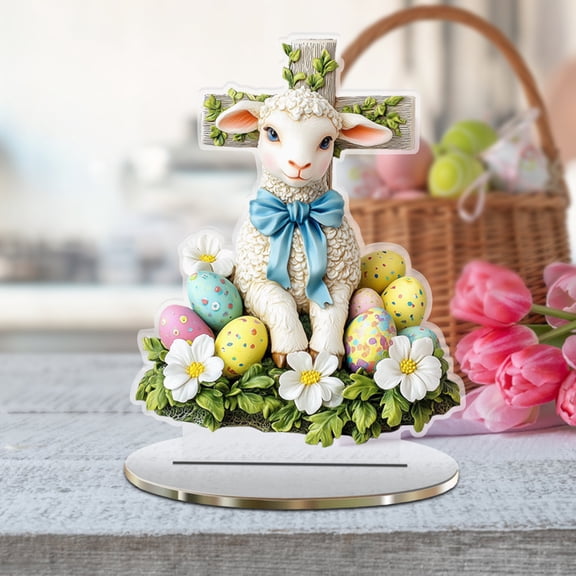 Easter Decor​ Jesus Statue Resurrection Theme Colorful Egg Bunny Decoration, Religious Holiday Tabletop Display, Home Church Altar Accent