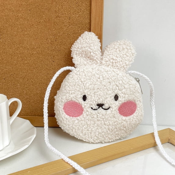 Easter Decor​ Rabbit Shaped White Plush Bag Soft Fluffy Ears Black Eyes Pink Cheeks Zipper Top, Easter Decorations for Home Outdoor