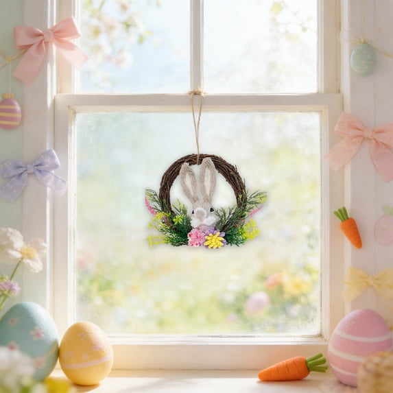 Easter Decor Rattan Wreath Realistic Rabbit Head Pink Flower Carrot ...