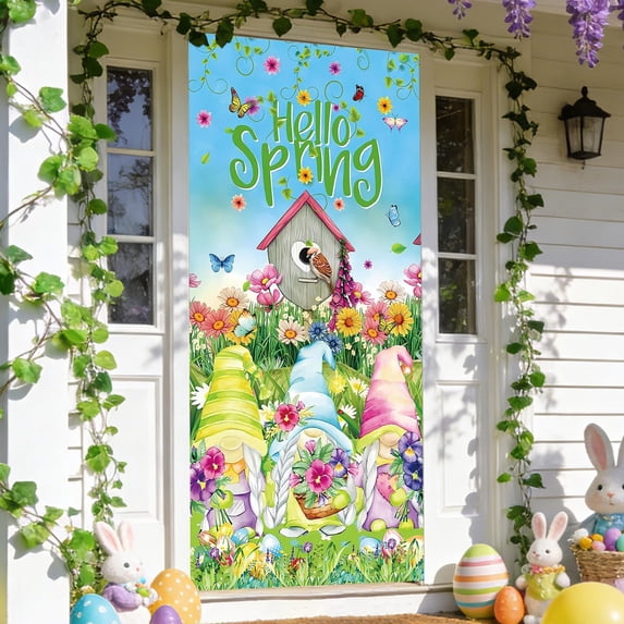 Easter Decor Spring Door Cover Decoration Spring Floral Gnome Door Background Banner Colorful Flower Front Door Hanging Banner Photo Booth Backdrop for Indoor Outdoor Party Decor, 71 x 35 Inch