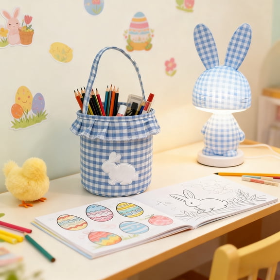 Easter Decor, Staron Plaid Fabric Easter Rabbit Tassel Bag, 22x23cm Storage Tote for Egg Snacks Machine Washable Lightweight, Blue