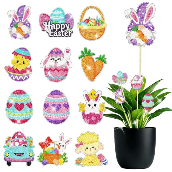 Easter Decor Stickers Set, 12Pcs for Party Craft, Acrylic/PET Material, Approx. 8.4 cm x 5.8 cm, Shimmering Gem Designs