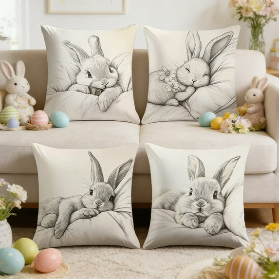 Easter Decor-Throw Pillow Covers 18x18in Set of 4,Spring Linen Pillow Case with Bunny and Egg for Large Couch Sofa Home Indoor Outdoor Holiday Home Decorations