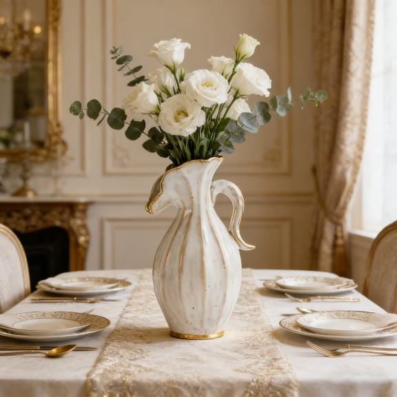 Easter Decor White Ceramic Vase with Handle Gold Trim Striped Body Green Accent, Personalized Vase Spring Festival Decorations for Home