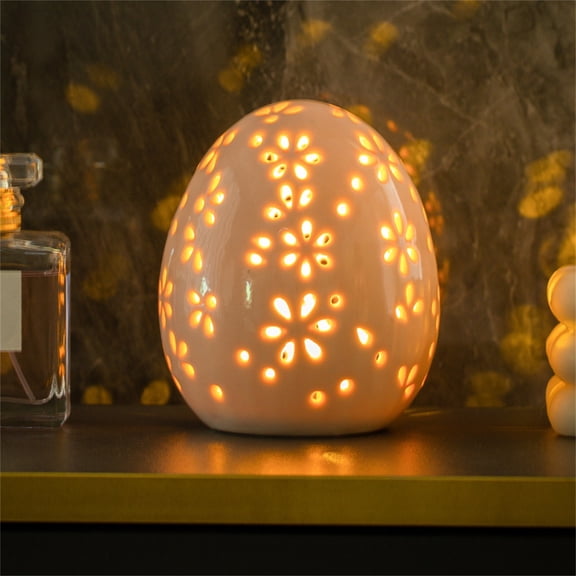 Easter Decor White Egg LED Lights, Resin Lighted Easter Egg with Flower Hollowed, Farmhouse Rustic Easter Eggs Light Up Statue for Easter Home Table Centerpiece Decor Gifts for Boys Girls