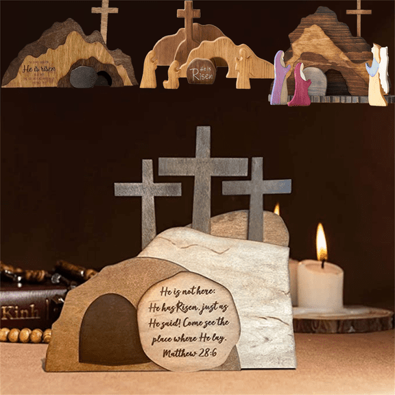 Easter Decor​ Wooden Cross Tomb "He is Risen" Scripture Set Resurrection Theme Holiday Display, Religious Home Altar Accent