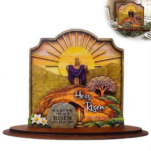 Easter Decor Wooden Cross Tomb "He is Risen" Scripture Set Resurrection Theme Holiday Display