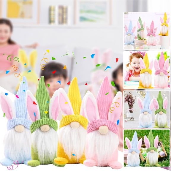 Easter Decoration Doll 4Pc No Face Gnome Ornaments With Bunny Ear Details, Tabletop Home Party Festive Decorations For Easter Spring Celebration, Ideal Collectible Gift For