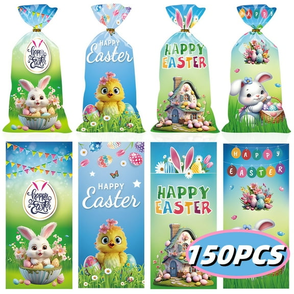Easter Decoration Easter Treat Bags Easter Cellophane Gift Bags Goodie Bags with Twisted for Party Favor Party Supplies 150Pcs