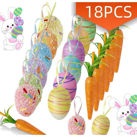 Easter Decoration Egg Tree Ornaments Hanging Carrot Ornaments Foam Glitter Artificial Carrots for Home Party DIY Crafts 18PCS