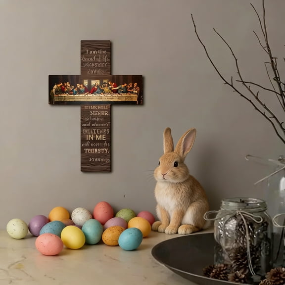 Easter Decoration Hanging Ornament, Staron Solid Wood Religious Holiday Decor, Brown Handcrafted Wall Cross for Church Home Gift
