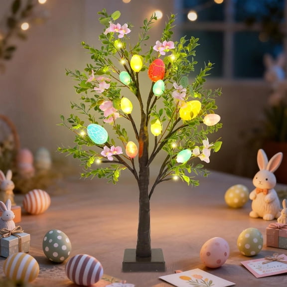 Easter Decoration Lighted 24 Inch Artificial Tree with Easter Eggs & Colorful LED Lights, Light Up Tabletop Bonsai Tree for Table Home Holiday Spring Decor (1PCS)