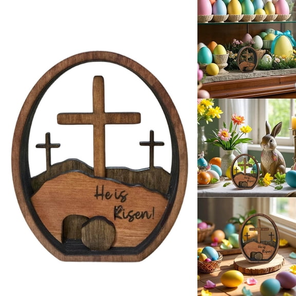 Easter Decoration Ornaments Resurrection Tomb Easter Resurrection Decoration He Is Risen Christianity Empty Tomb Easter Scene Wooden Eggs Home Ornament Brown 11.43X13.97CM