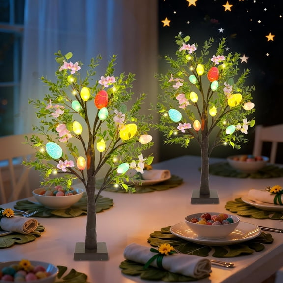 Easter Decoration Set of 2 Lighted 24 Inch Artificial Tree with Easter Eggs & Colorful LED Lights, Light Up Tabletop Bonsai Tree for Table Home Holiday Spring Decor