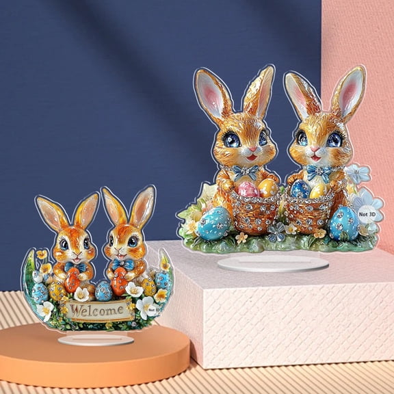 Easter Decoration Spring Bunny Egg Ornament 2D Acrylic Desktop Ornament 2026 Cartoon Cute Easter Eggs Rabbits Designs Decoration Accessories for Living Room Holiday Party Supplie , 7", 1Pcs