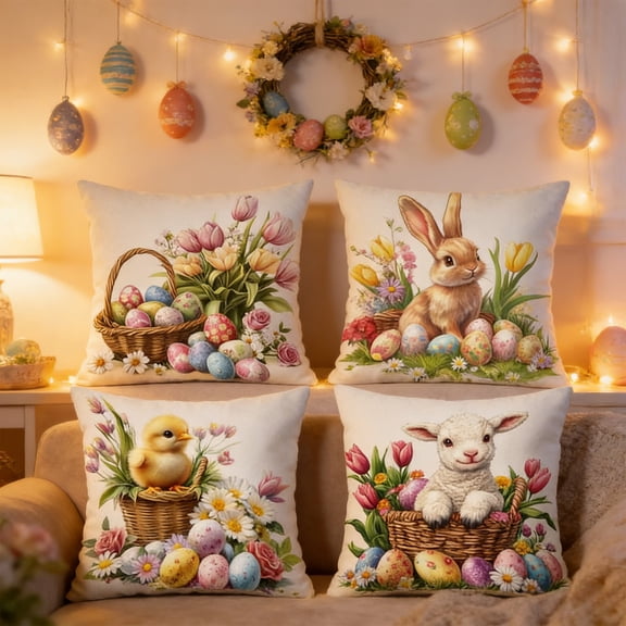 Easter Decoration Throw Pillow Covers 18x18 Set Of 4,Bunny Floral Eggs Farmhouse Decorations Spring Holiday Decor,Soft Plush Faux Fur Jacquard Throw Pillows for Bedroom Sofa Holiday Home Decor