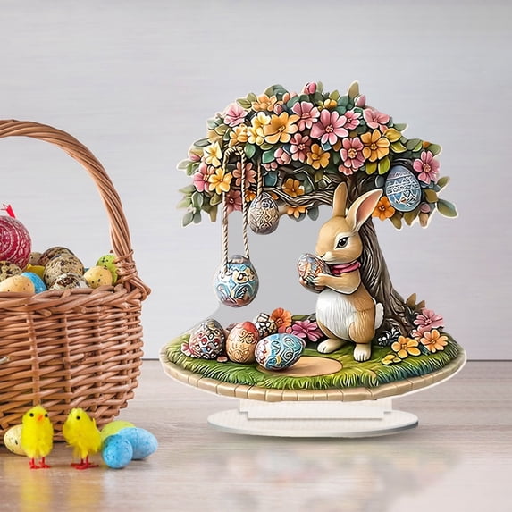 Easter Decoration Tree with Colorful EggsRabbit,2D Acrylic RabbitEgg PlaqueOrnament Spring Easter Centerpieces Cartoon Cute Easter Eggs Rabbit Desktop Decor for Living Room Holiday Party Decor Gifts