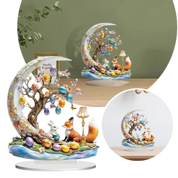 Easter Decoration Tree with Colorful EggsBunny,2D Acrylic BunnyFox PlaqueOrnament Spring Easter Centerpieces Cartoon Cute Easter Eggs Rabbit Desktop Decor for Living Room Holiday Party Decor Gifts
