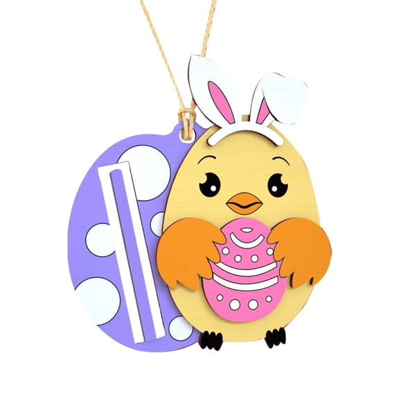 Easter Decoration, Wooden 2D Flat Chicken Pendant With Bunny Ears Holding Egg, Hand Carved Cute Hanging Ornament For Easter Home Decor 1Pc For Teens 14+