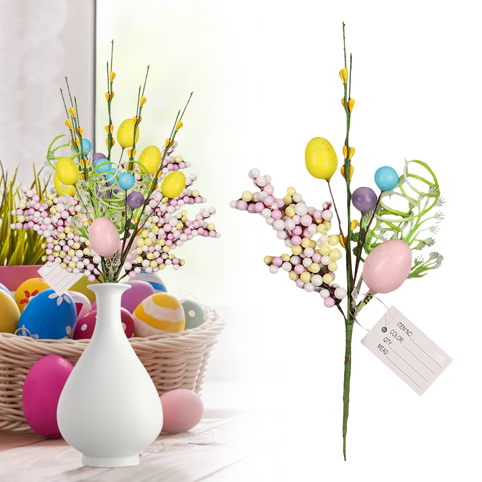 Riceshoot Easter Table Centerpiece Set - 6 Artificial Eucalyptus & Egg Stems With Metal Pots