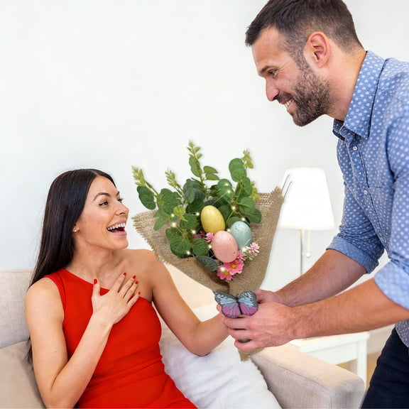 Easter Decorations, 13.7" Easter Egg Bouquet Artificial Flower Arrangement, Spring Home Decor with Decorative Eggs, Easter Gifts for Home Table Centerpiece & Holiday Decorations, B