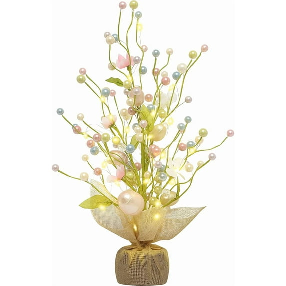 Easter Decorations, 18 Inch Pre-Lit Easter Egg Tree Tabletop Decor with Delicate Ornaments, for Home Party Wedding Holiday Spring Summer Decoration, Green/White/Pink.