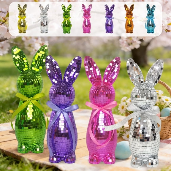 Easter Decorations 1PCS 9.45inch White Mosaic Glass Easter Bunny Figurines,Disco Rabbit Sculptures Spring Tabletop Centerpieces,Shelf Home Decor Seasonal Easter Gift