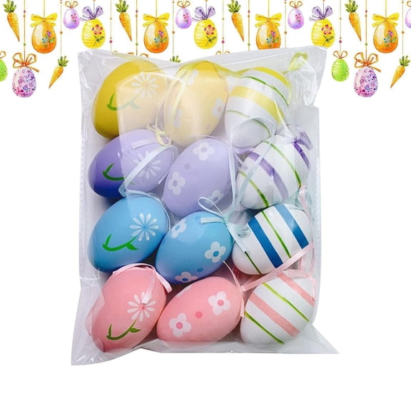 Easter Decorations, 2.36In 3D Easter Eggs, 12Pcs Hand Painted Flower Pattern Plastic Hanging Ornaments For DIY Crafts